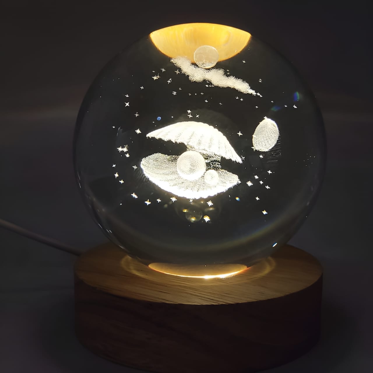 1  Crystal Ball Night Light, Glass Ball with Wooden Stand,